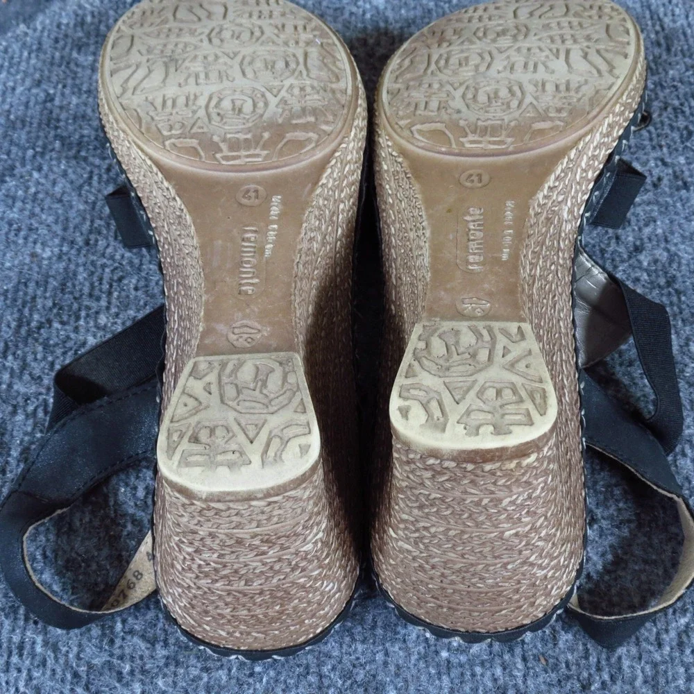 Remonte R600768 Womens Wedge Sandals Sz 41 Dressy Summer Black Leather Metallic